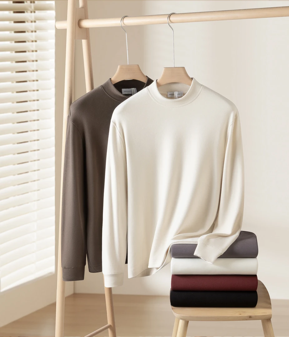 2025冬季保暖羽毛蛋白半高领双面舒暖绒时尚百搭男士中领打底衫