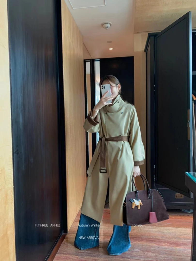 秋季英伦立领大衣廓形风衣长款插肩袖口袋百搭休闲风衣(配腰带)