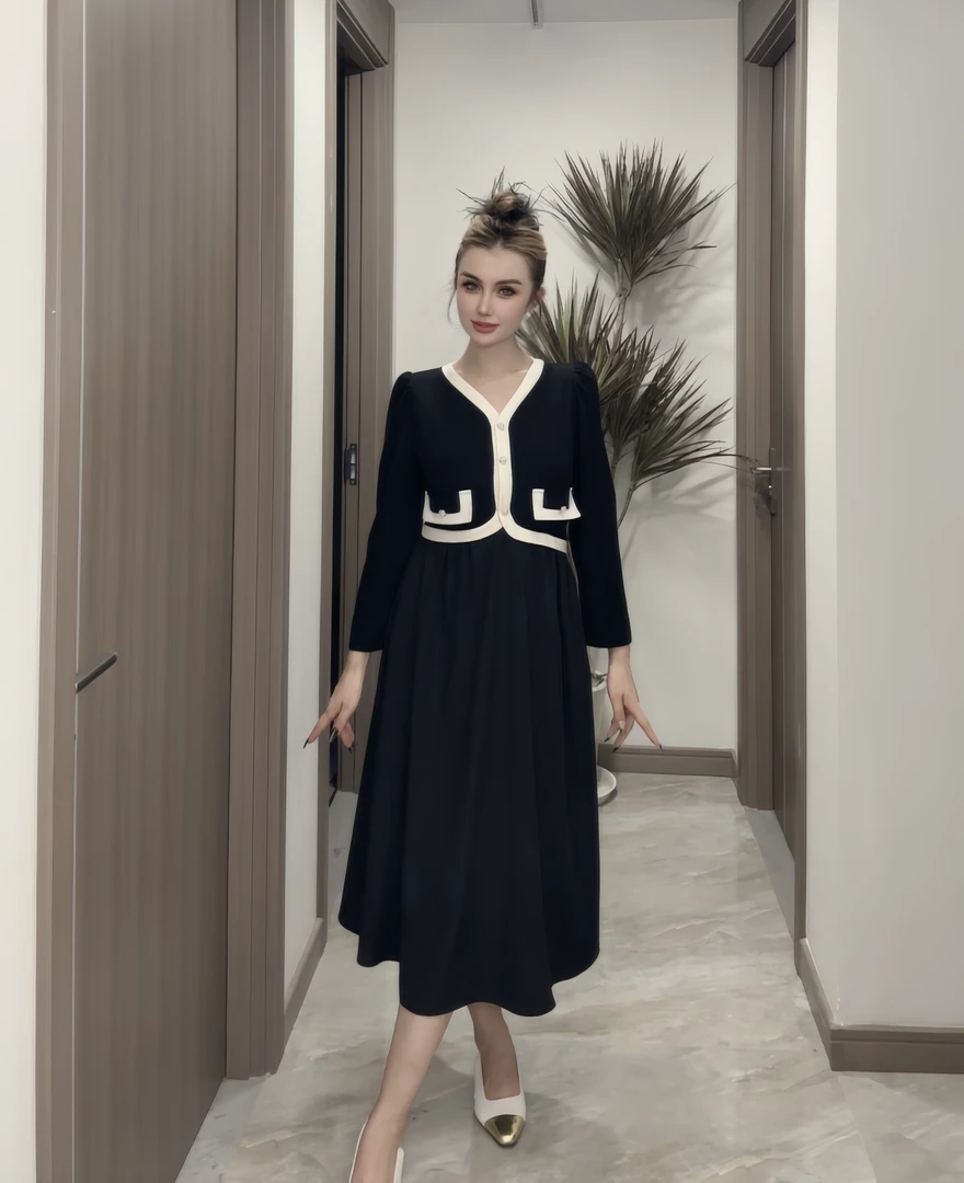 假两件黑白撞色小香风连衣裙 秋季爆款