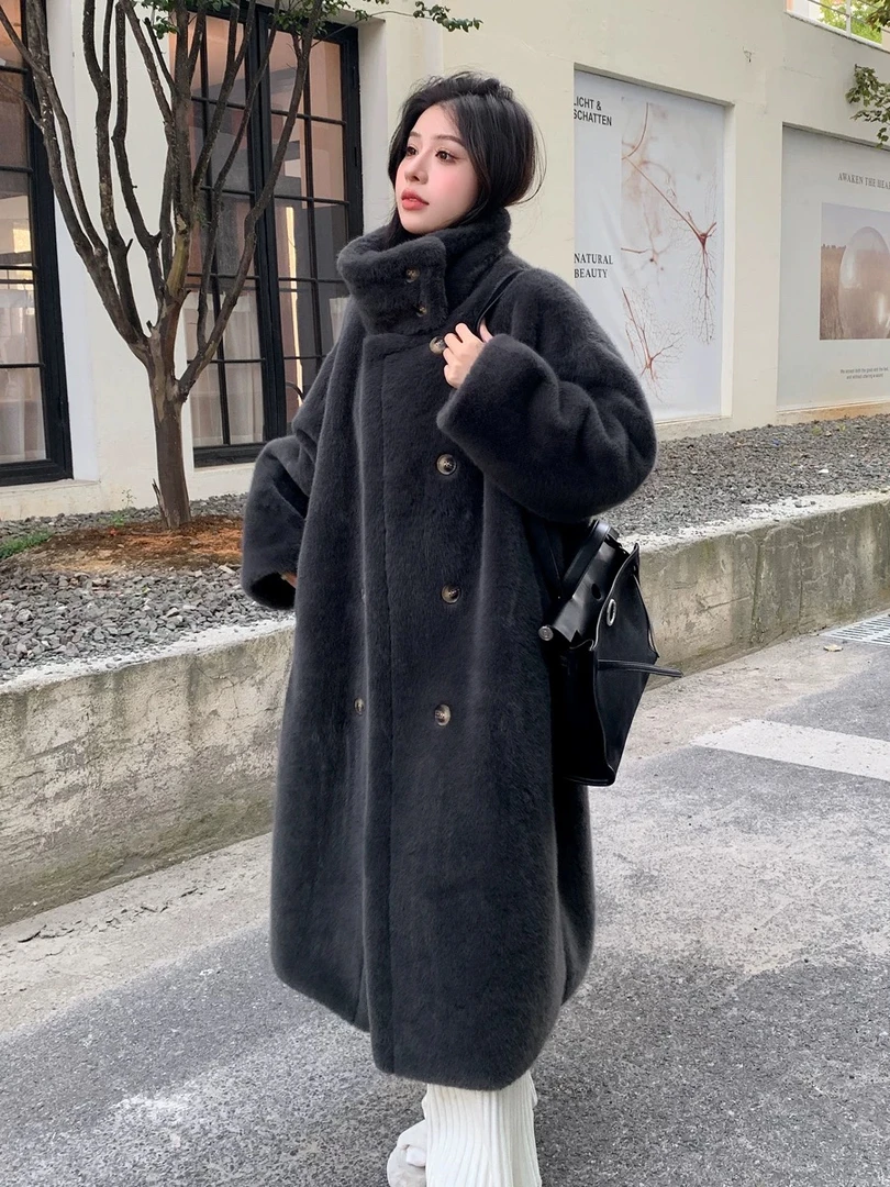 8888 冬季新款双排扣毛毛大衣加厚毛绒衣服长款