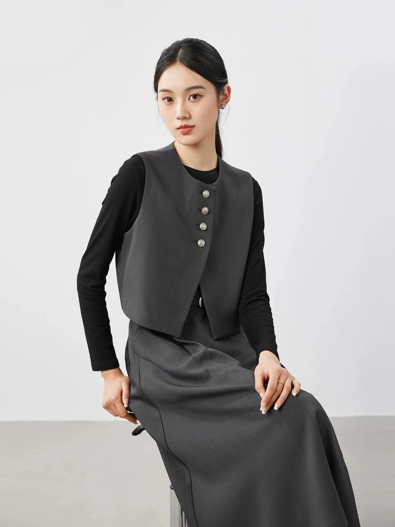 A01气质短款马甲+高腰半身裙时尚百搭显瘦套装女（送腰带）