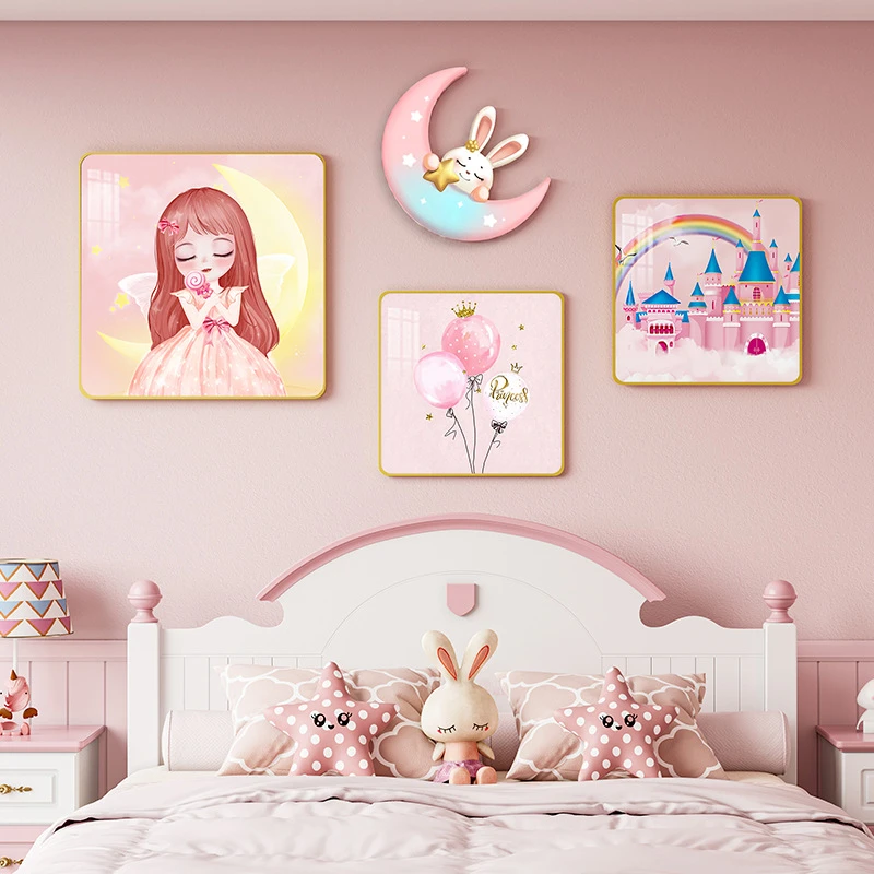 儿童房网红卡通壁画宇航员公主房墙面装饰画女孩卧室床头装饰品