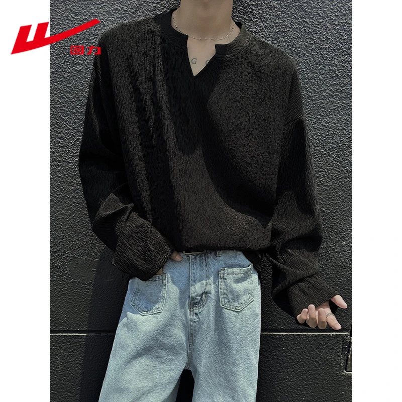 回力2025春季新款肌理感V领卫衣打底衫男港风纯色百搭时尚长袖T恤