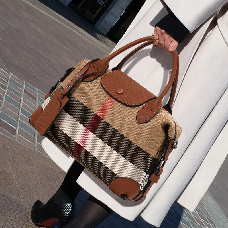 韩版经典真皮格纹单肩包潮流百搭斜挎包波士顿简约女士休闲经典