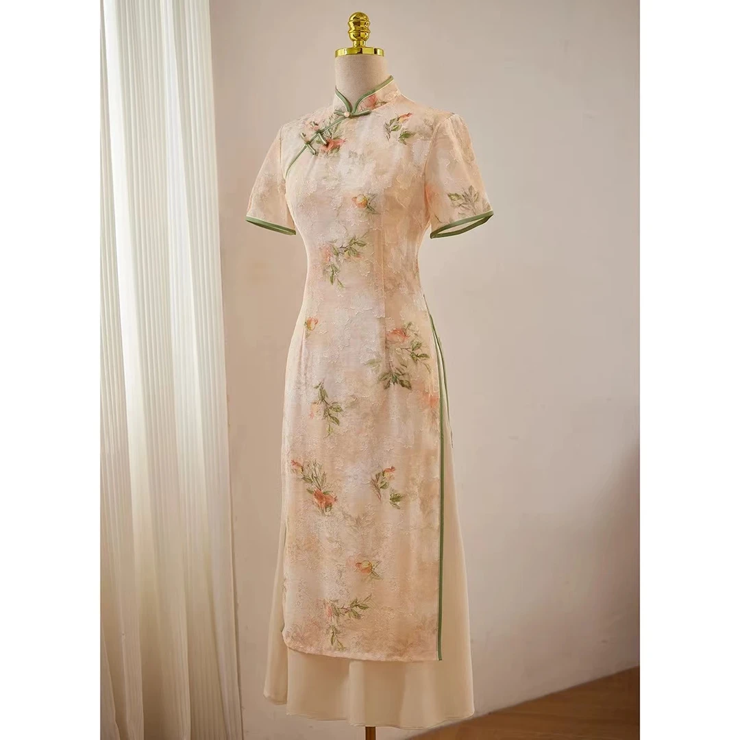 5090-绿色 剪花 雪纺 柿柿如意 大奥黛 旗袍