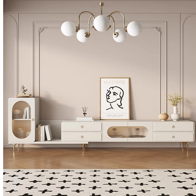 可伸缩电视柜茶几组合奶油白意式轻奢法式简约北欧家用小户型极简