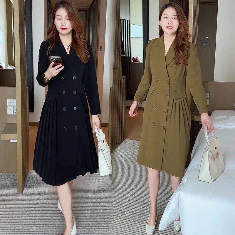 女装连衣裙7002 春秋季时尚气质小个子女西装领收腰a字黑色中长裙