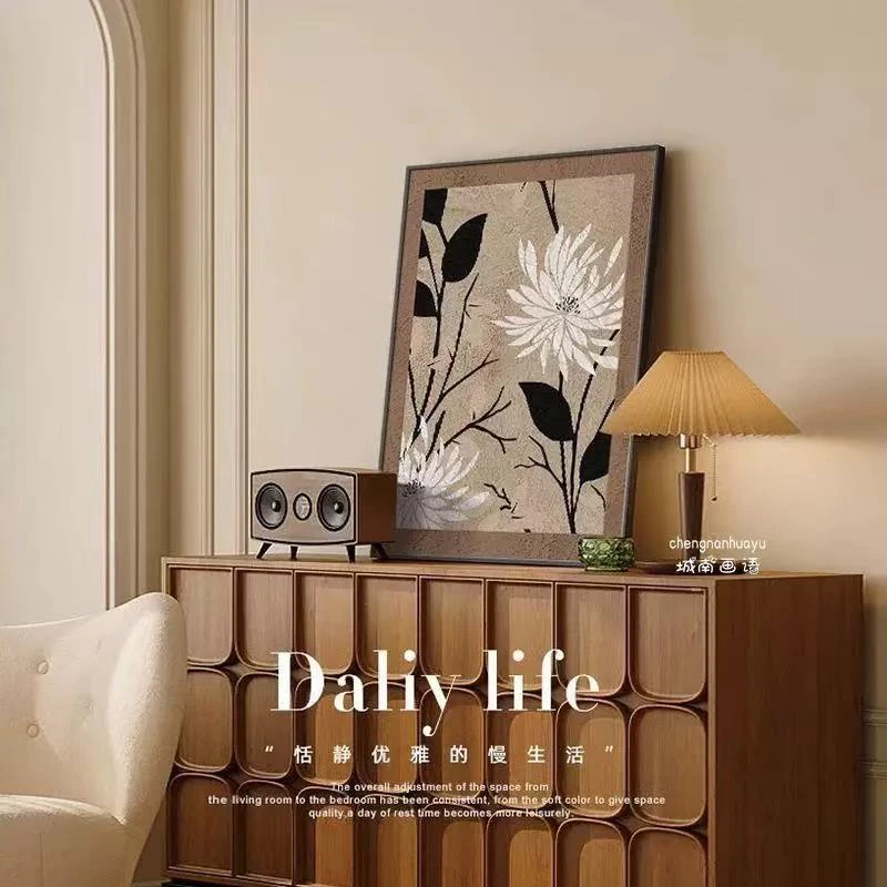 手工岩板菊花中古风抽象餐厅客厅玄关装饰画卧室壁画竖版6080