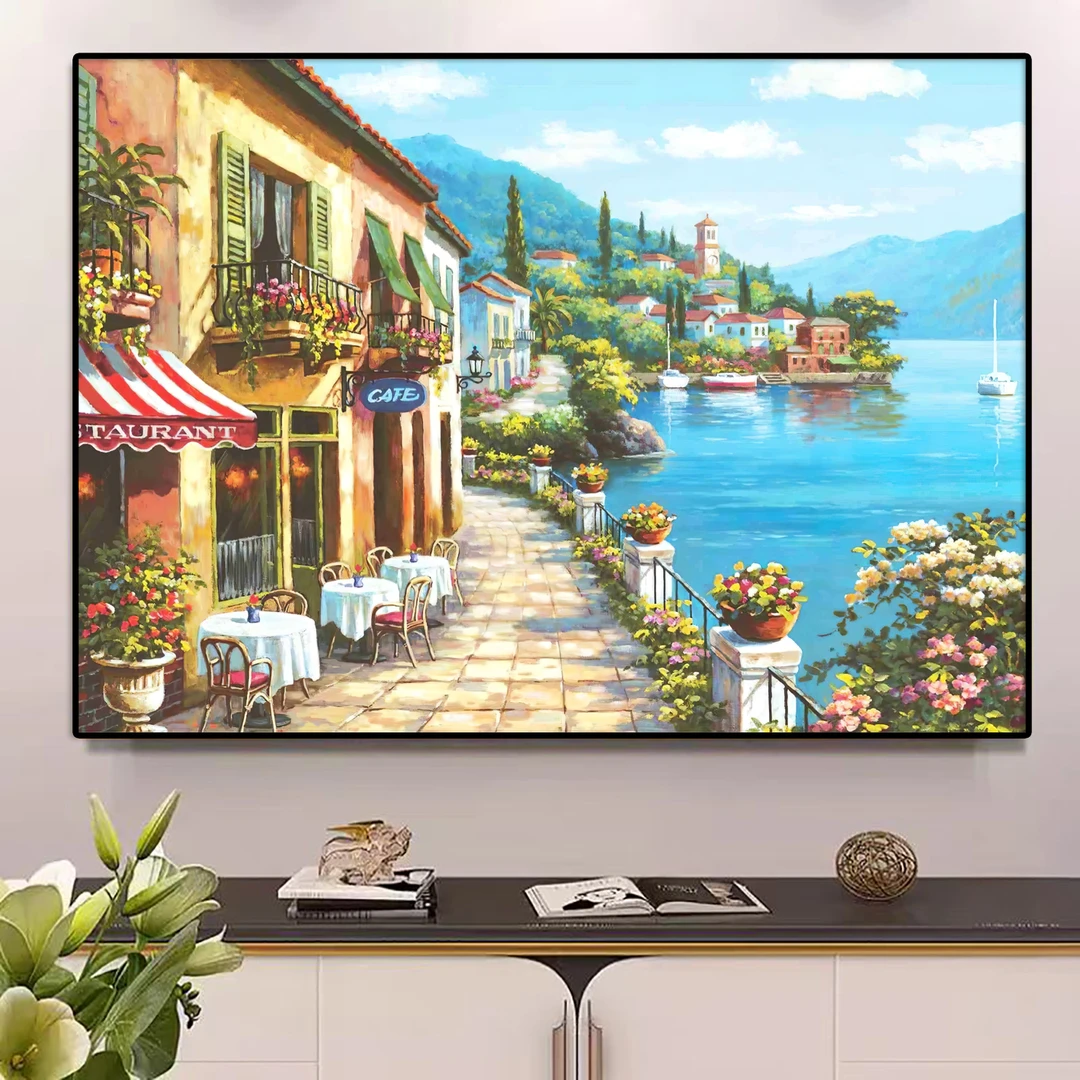 手工砂岩滨海小镇美式轻奢欧式客厅大幅艺术风景装饰挂画6080