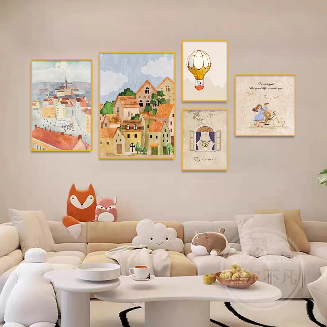 奶油风客厅装饰画现代简约肌理感壁画原木风沙发背景墙挂画五联