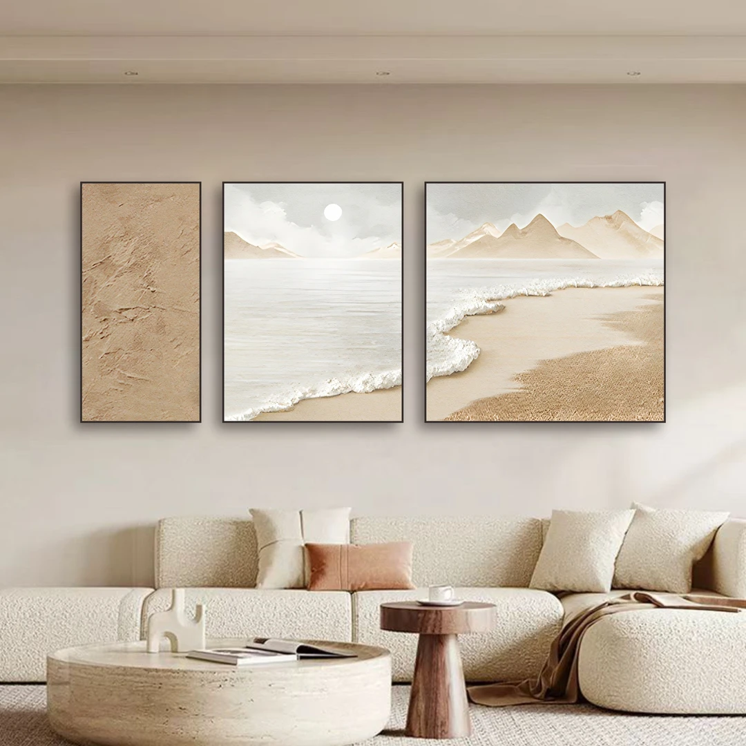 砂岩客厅沙发装饰画海浪三联画北欧抽象轻奢风挂画