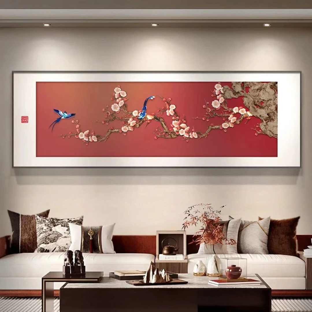 手工砂岩客厅新中式高级感沙发墙挂画横幅喜庆花鸟喜上枝头60180