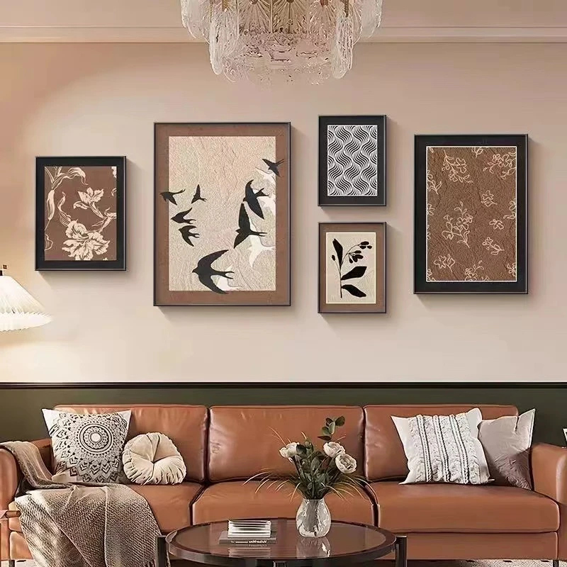 手工砂岩中古法式风客厅画沙发景墙挂卉画复古式八燕临门福瑞五联