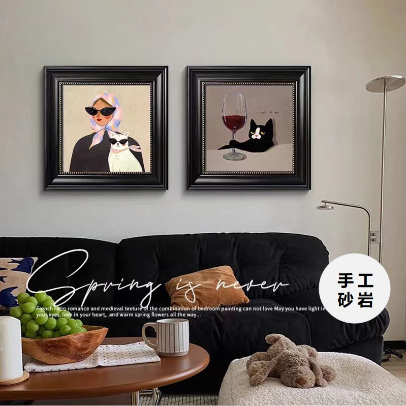 喝红酒的猫趣味装饰画ins小众艺术餐厅挂画卡通复古卧室客厅5050