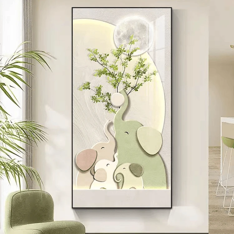 现代玄关奶油风绿植竖版壁画高档走廊过道大象挂画铝合金80160