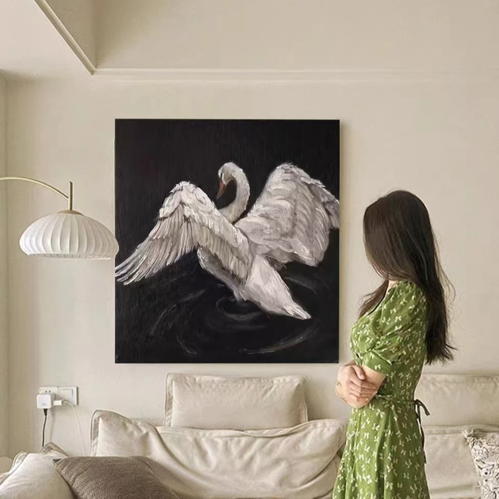 夜曲 法式极简餐厅装饰画中古黑白天鹅客厅玄关挂画动物画8080