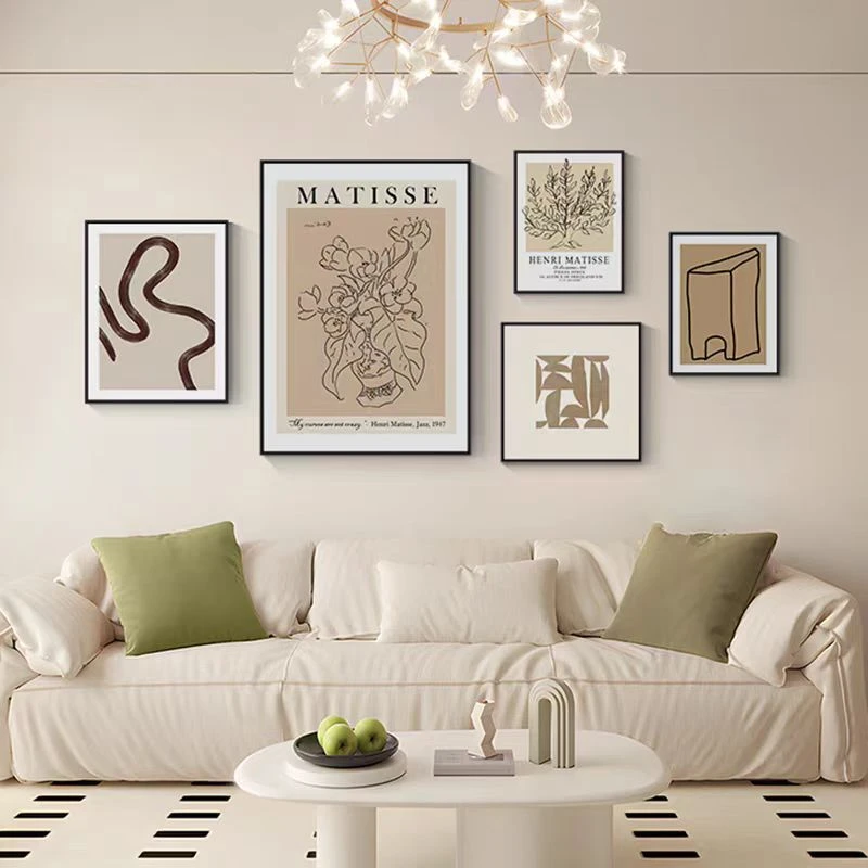 奶油风客厅组合装饰画ins风沙发背景墙挂画北欧法式抽象线条五联