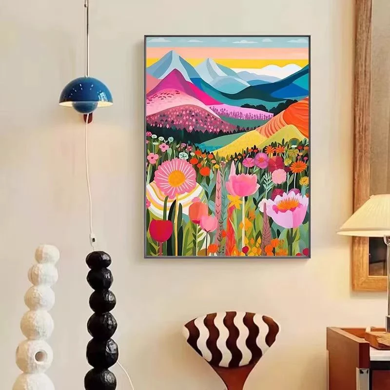多巴胺色系抽象彩色高山花卉客厅装饰画马蒂斯玄关挂画6080