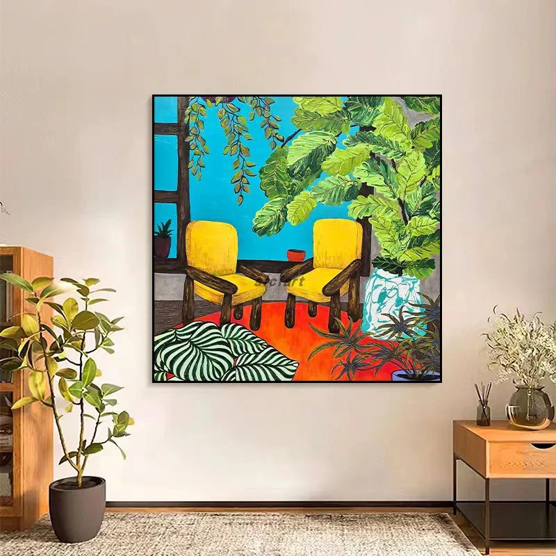 砂岩马蒂斯风格温馨室内绿植肌理油画椅子8080