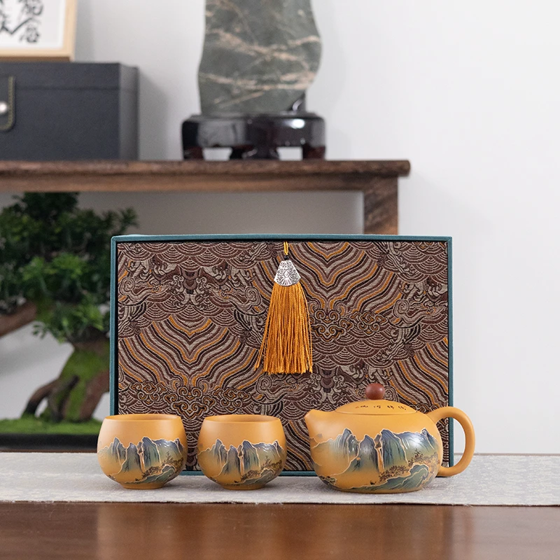 吴成志老师黄金段紫砂壶山河锦绣家用送礼一壶两杯茶具套装YS181