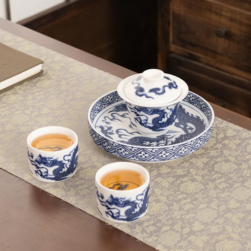 中式青花龙纹陶瓷功夫茶具套装高档长辈送礼家用ZH1283-青龙套组