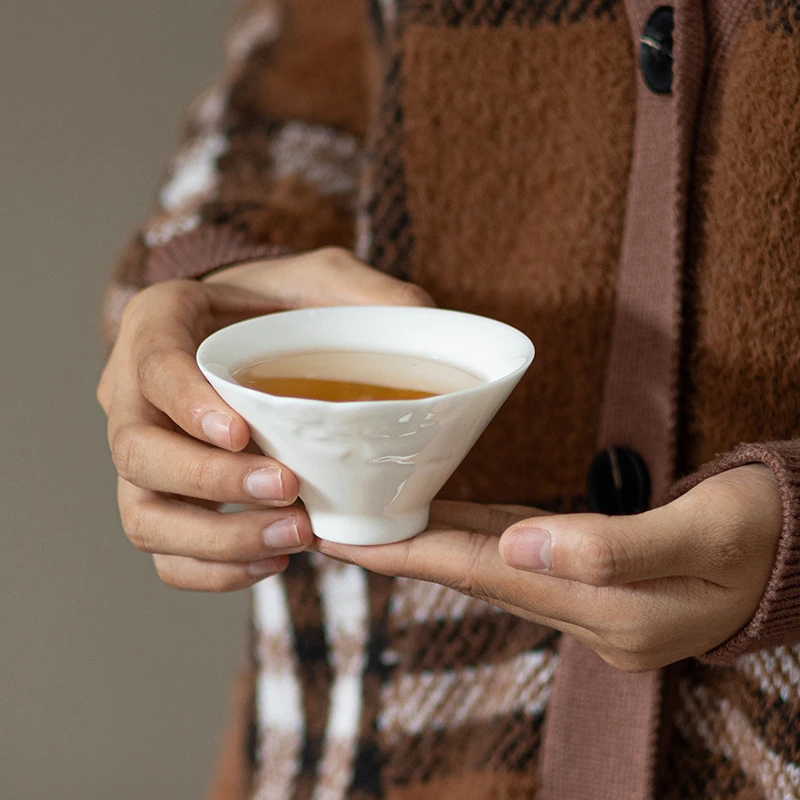 @@白色祥云斗笠杯陶瓷茶杯主人杯杯子水家用中式茶具杯子 0442