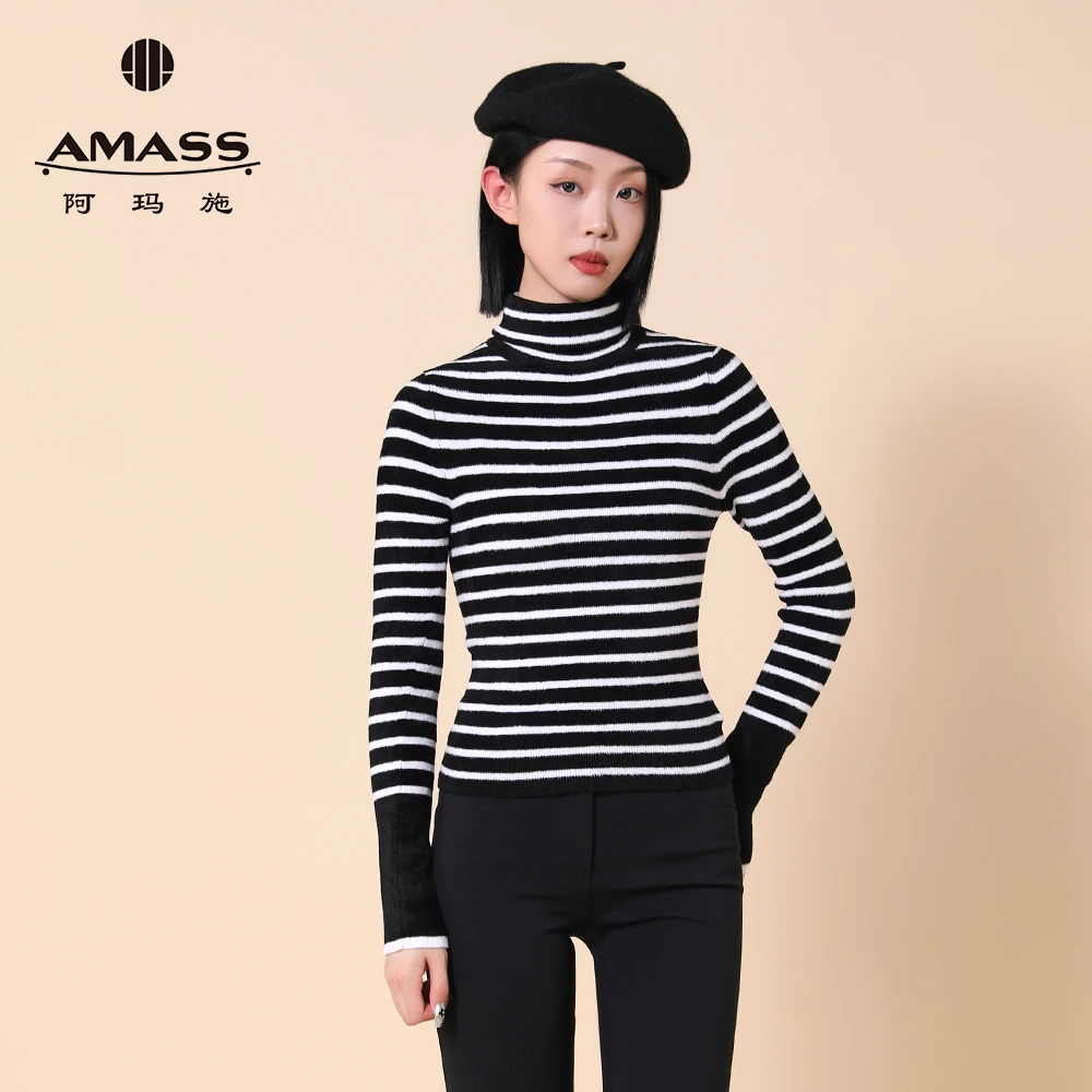 阿玛施正秋冬季时尚高领修身条纹高领套头打底针织衫上衣5399673