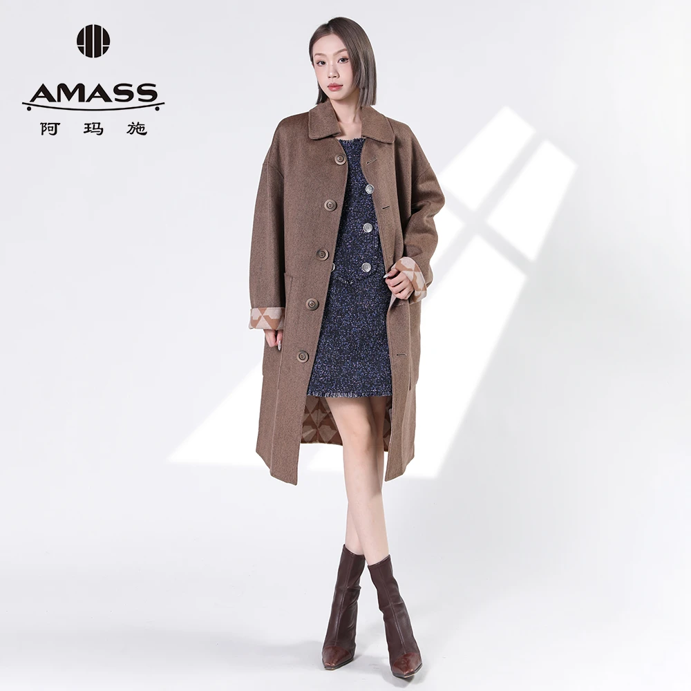 阿玛施AMASS秋冬中长款时尚宽松质感绵羊毛双面呢外套女装5400862