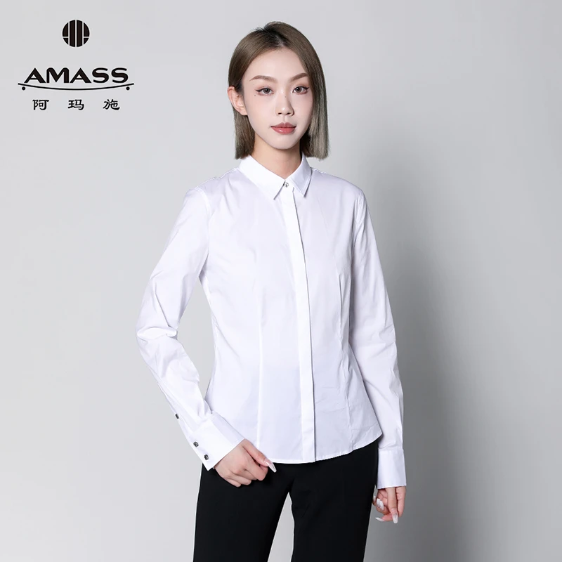 阿玛施AMASS女装职业修身白色衬衣通勤百搭纯色长袖衬衫女5300423