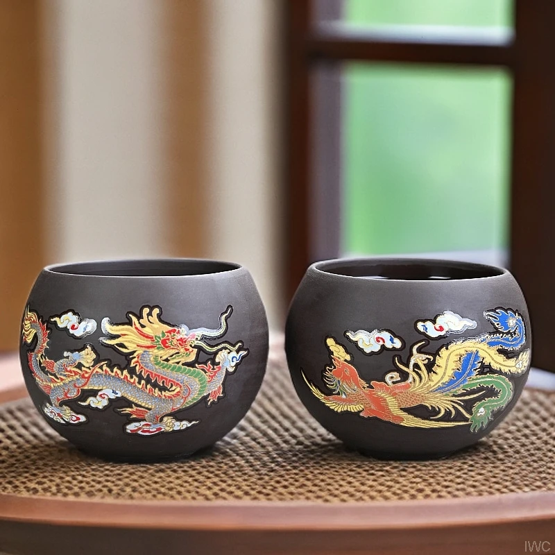 感温变色茶杯茶具泡茶主人杯大号家用杯复古品茗杯紫砂杯龙凤对杯