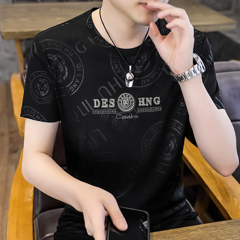 夏季潮流圆领圆领男士冰丝短袖t恤修身透气百搭薄款速干时尚半袖