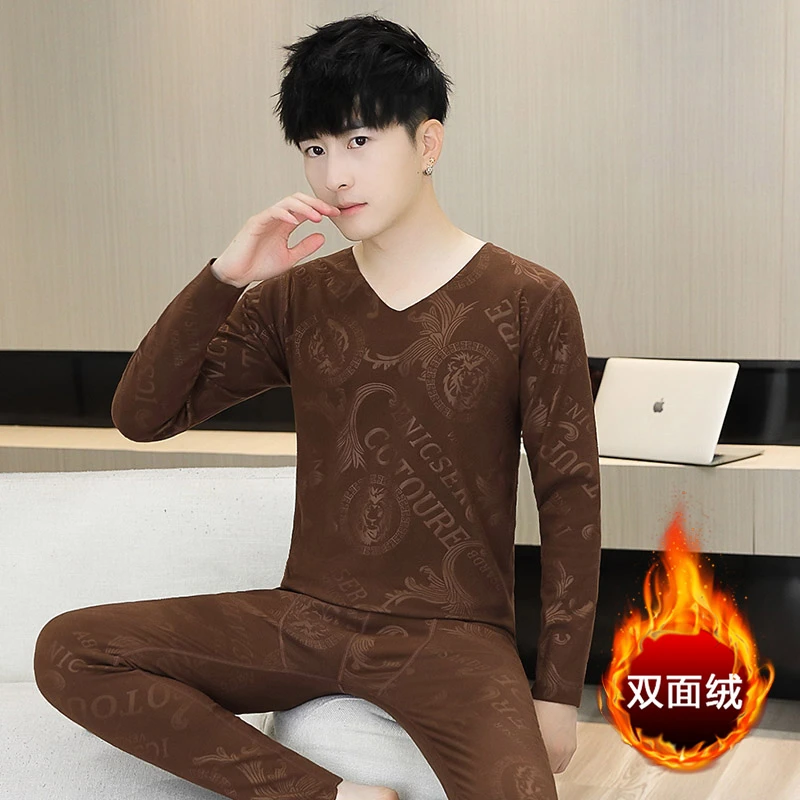 新款男士秋衣秋裤保暖内衣套装加绒青年v领内穿双面绒保暖套装潮
