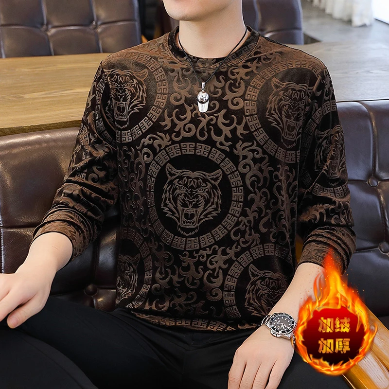 30-50岁男士金丝绒洋气加绒男生上衣时尚潮男卫衣秋冬长袖打底衫