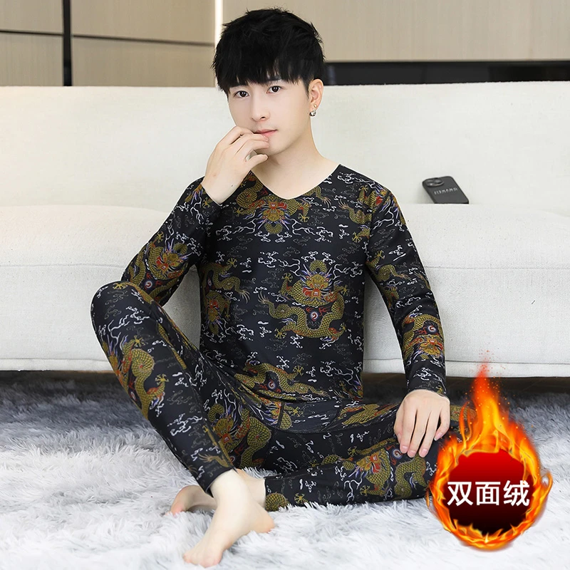 双面德绒无痕保暖内衣男士加绒秋冬季防寒潮流印花秋衣秋裤双面绒