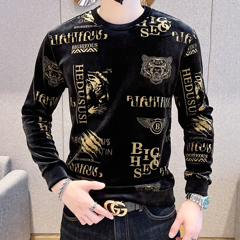 男装卫衣男士金丝绒秋冬季新款长袖时尚青年打底小衫韩版虎头上衣