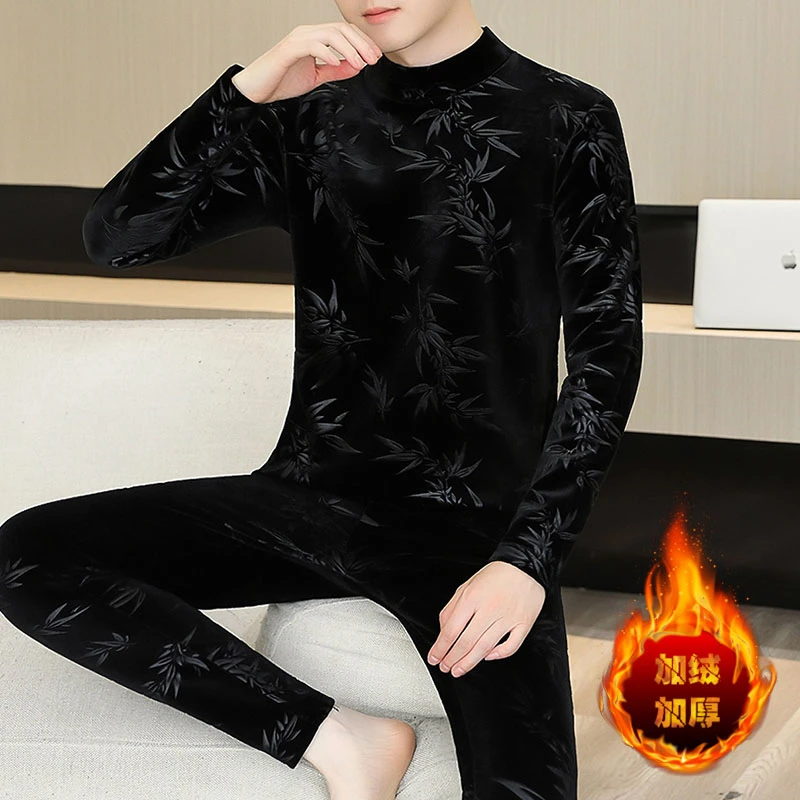 保暖套装男士男装长袖休闲潮流高领金丝秋冬季中国风加厚保暖衣男