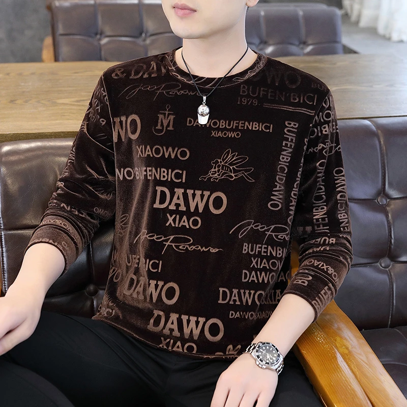 30-55岁男士金丝绒长袖卫衣春秋季时尚潮流圆领长袖上衣男装2024