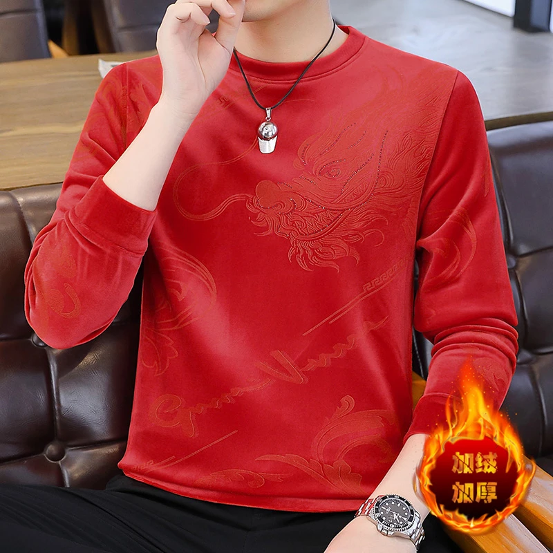 高品质新款圆领男士潮流加绒金丝绒卫衣印花保暖冬季长袖休闲大码