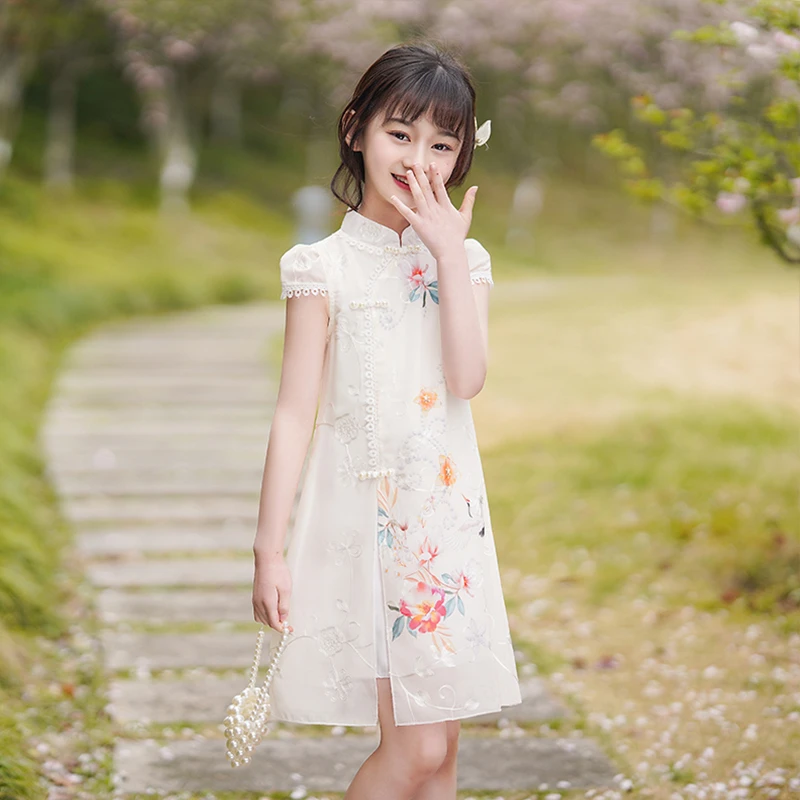 女童2025夏季时尚儿童中国风复古花边旗袍连衣裙小女孩绣花裙子