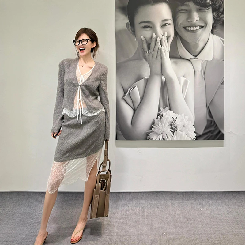 岚茜朵蕾丝拼接灰色套装假两件上衣针织半身裙女