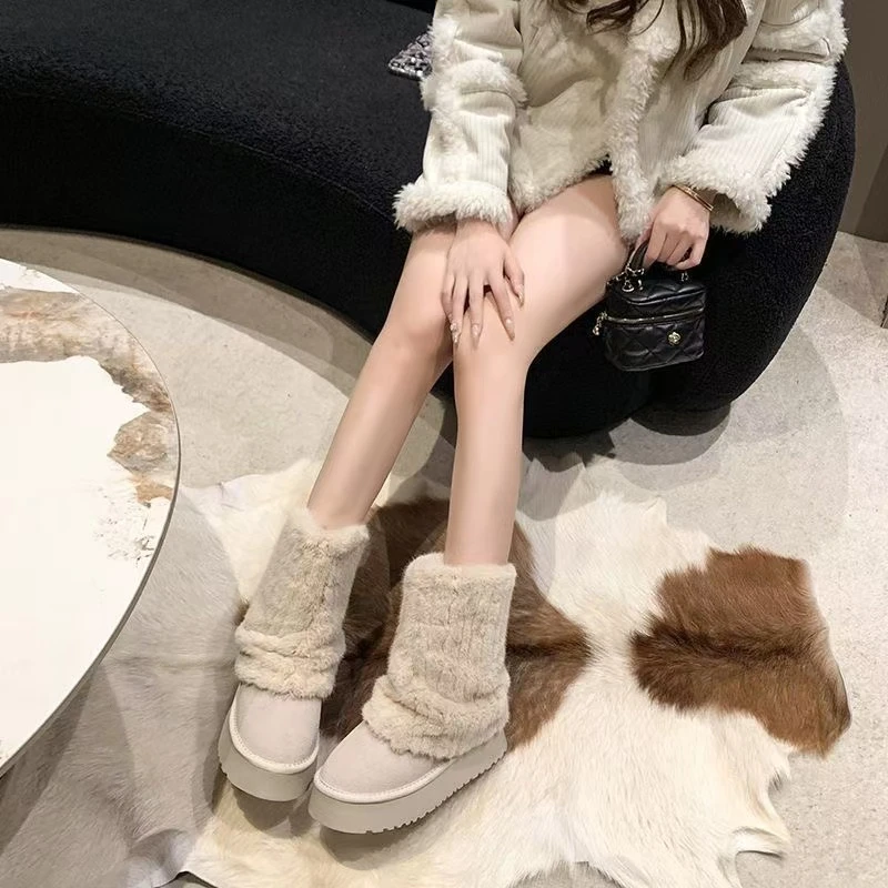 2024爆款女靴冬季美拉德雪地厚底新款拼接加绒保暖加厚棉靴