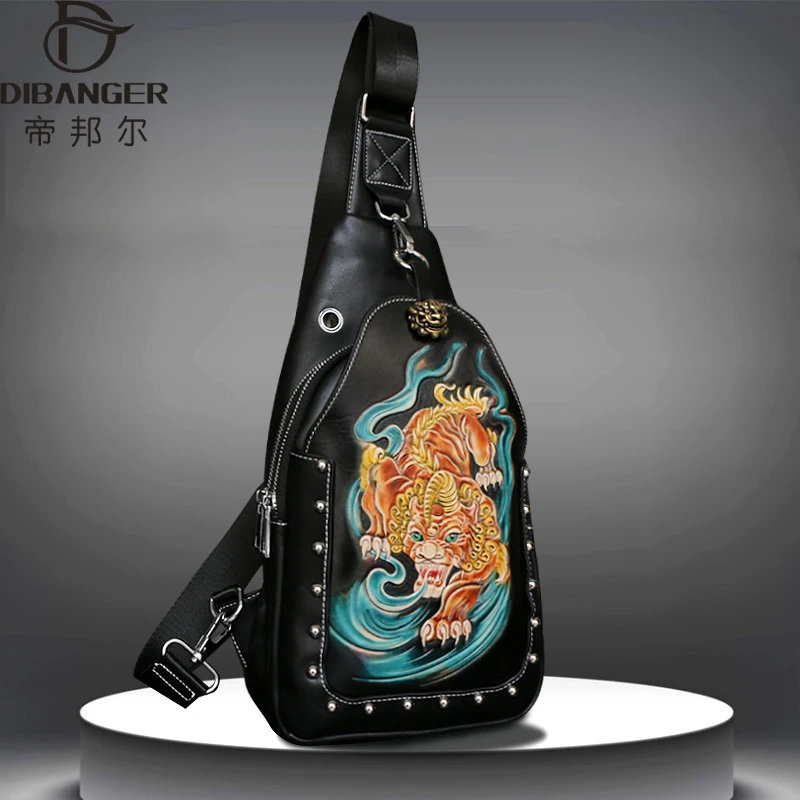 男士胸包真皮斜挎包头层牛皮大容量单肩包原创手工皮雕个性时尚潮