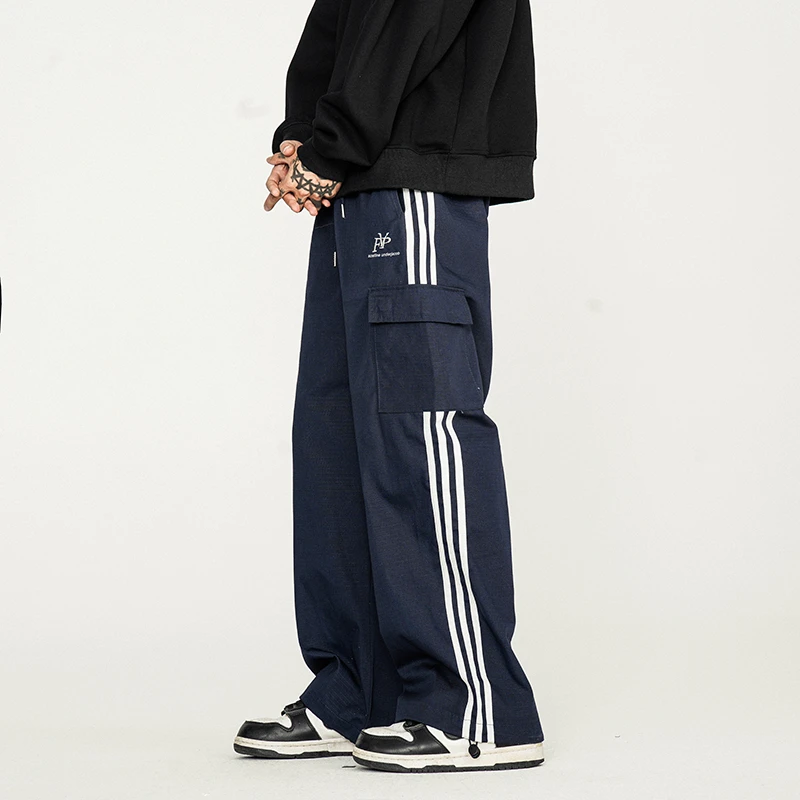 大白鲨美式工装裤男女夏季潮牌束脚直筒阔腿休闲裤宽松条纹运动裤