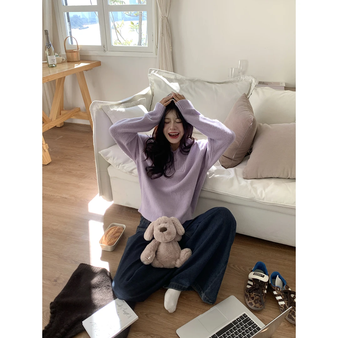 姜大侠【孚日广场】韩版小众设计感紫色连帽针织上衣秋冬慵懒风毛衣