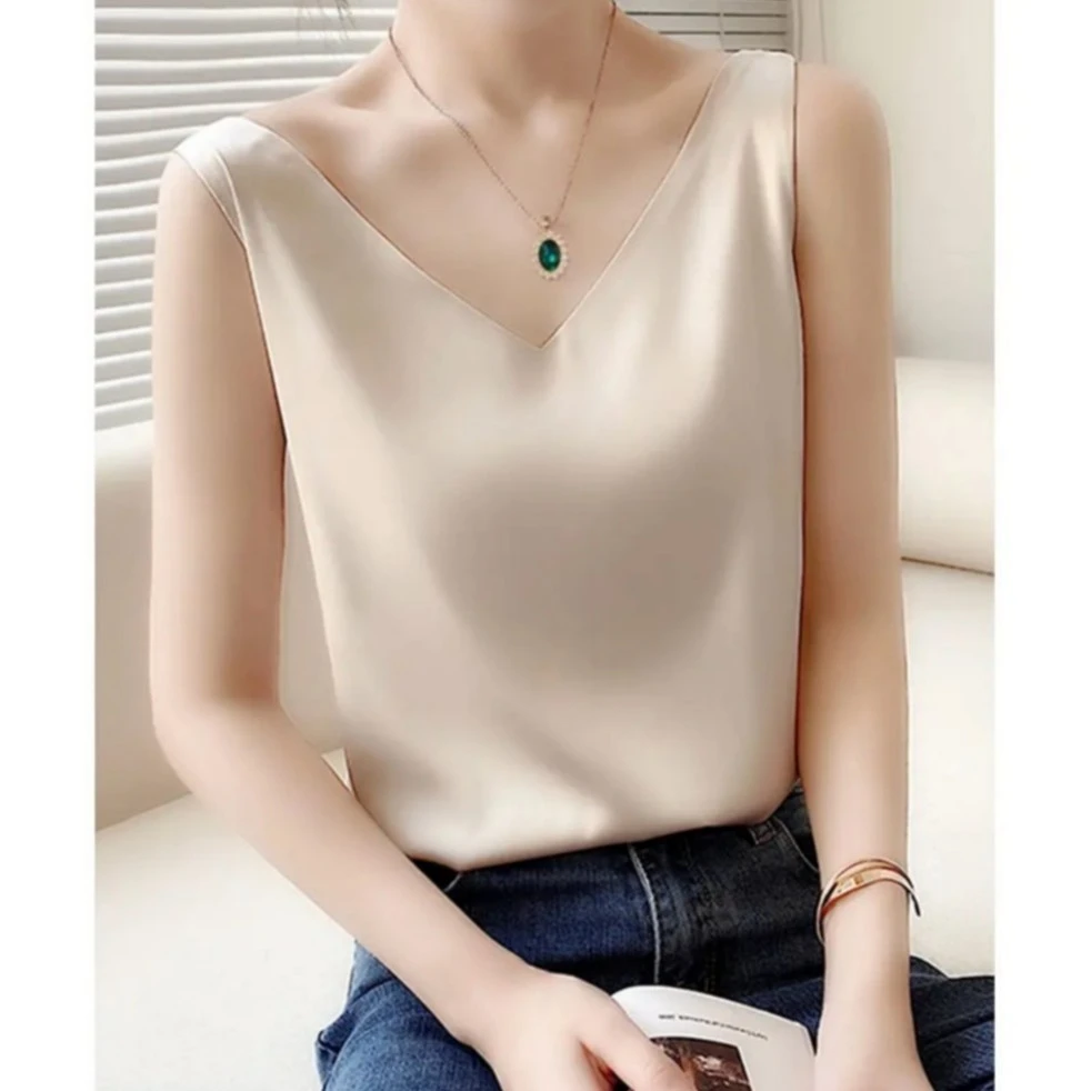 春夏V领双肩吊带女打底百内搭背心韩版打底缎面上衣无袖显瘦性感