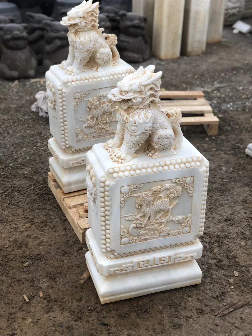 汉白玉麒麟抱鼓门墩高80厘米宽度23.5厘米长度39厘米包邮