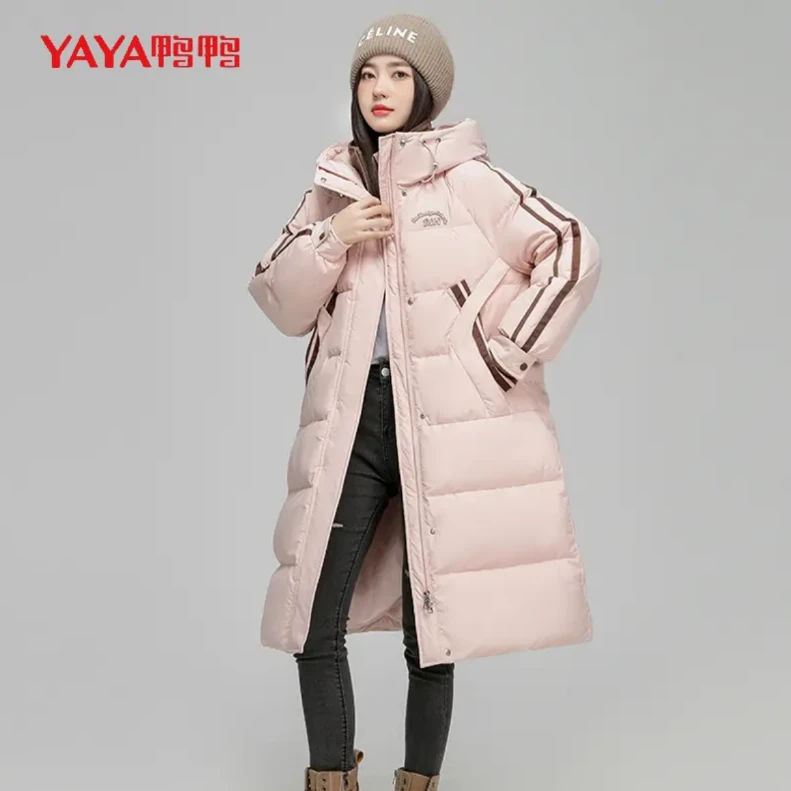 YAYA/鸭鸭长款羽绒服运动收腰显瘦时尚韩版保暖连帽反季羽绒服女