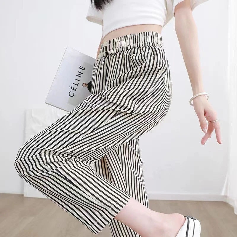 夏季条纹九分裤新款宽松夏款高腰薄款显瘦休闲裤时尚哈伦裤百搭
