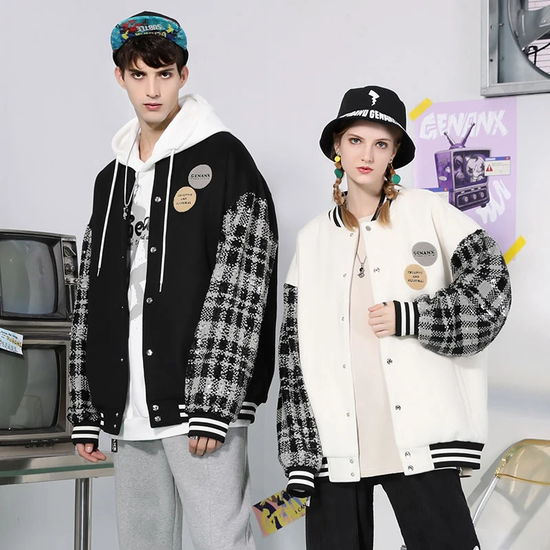 GENANX闪电潮牌棒球领夹克外衣拼色格纹袖绣标印花情侣外套JS590