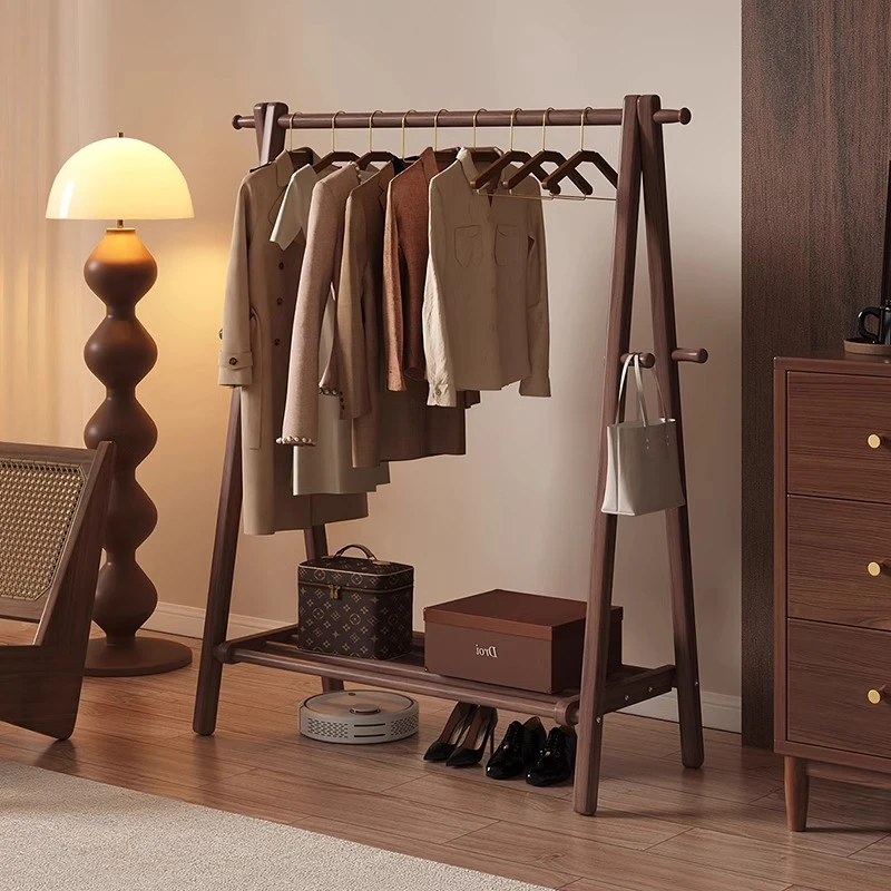 榉木衣帽架家用挂衣落地架多功能晾衣架可折叠加粗加厚衣帽置物架